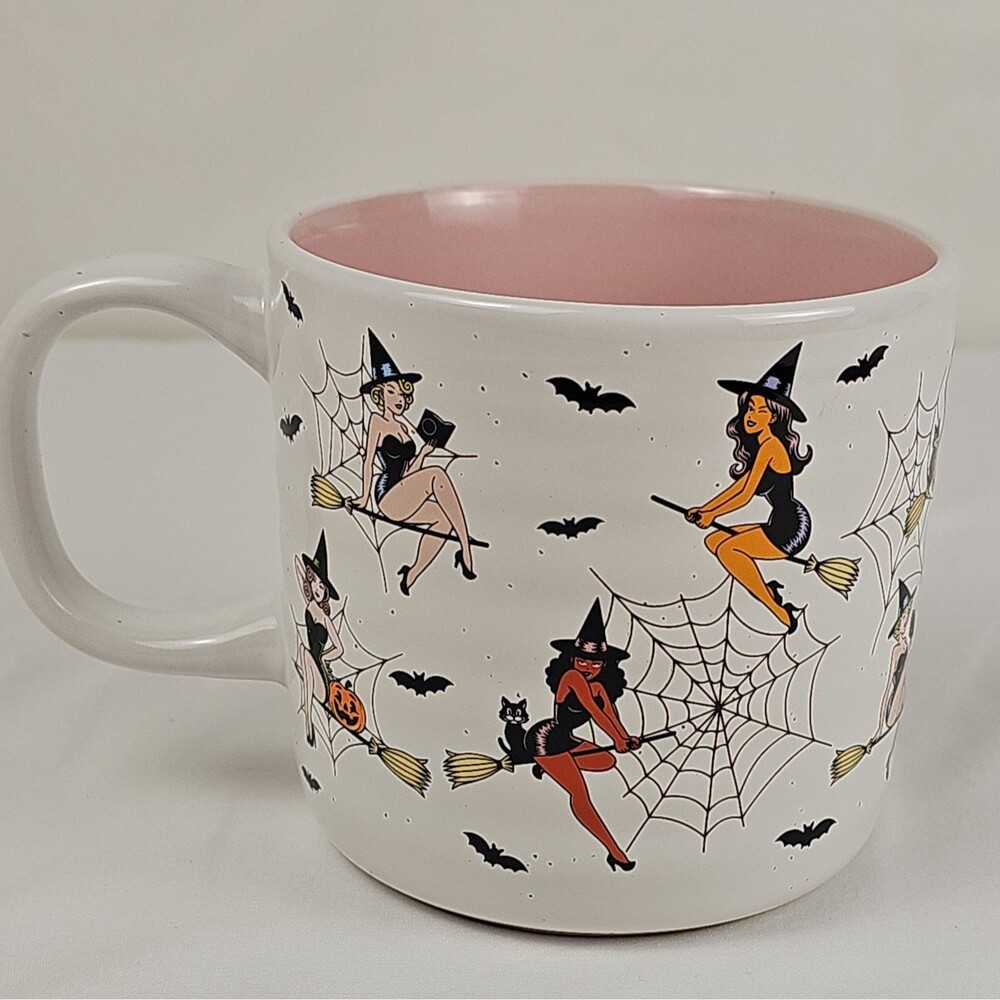 Halloween Pin Up Witch Mug Bats Spiderweb Ceramic Coffee Cup New
